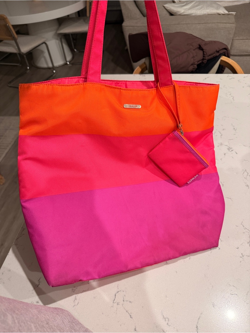Clinique Orange and Two Shades of Pink Colorblock Tote
